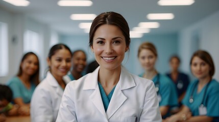 Female woman doctor nurse portrait smiling cheerful confident standing front row in medical training facility