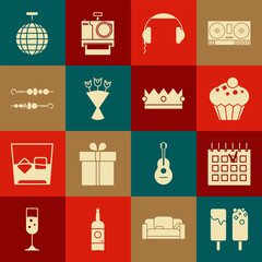 Set Ice cream, Detailed calendar, Muffin, Headphones, Bouquet of flowers, Grilled shish kebab, Disco ball and Crown icon. Vector