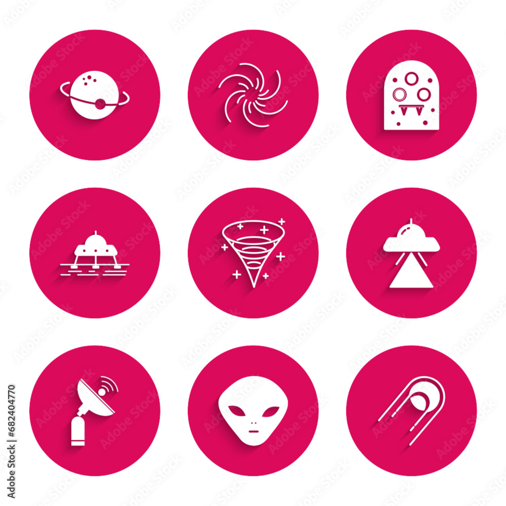 Wall mural set black hole, alien, satellite, ufo flying spaceship, radar, mars rover, and planet icon. vector