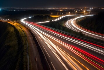 A long exposure photo of a highway at night, busy traffic captured by motion blur lighting effect