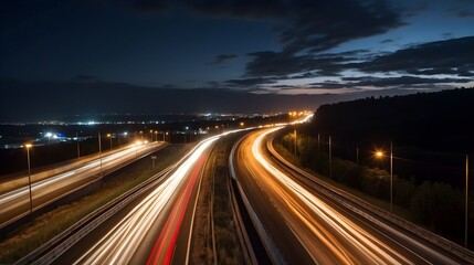 Fototapeta na wymiar A long exposure photo of a highway at night, busy traffic captured by motion blur lighting effect