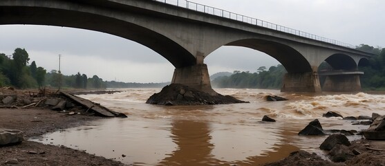 River bridge being destroyed by flood, infrastructure destroyed, environmental impact