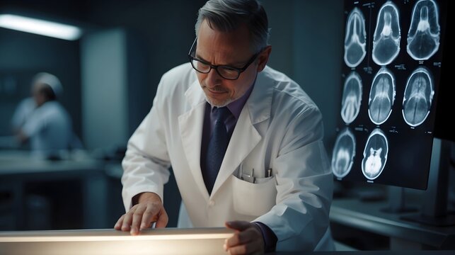 A surgeon doctor examining patient's x-ray image of brain head in a hospital
