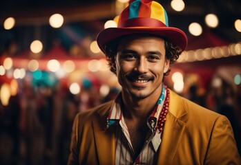 Handsome white men wearing circus suit costume and hat, circus playground on the background - obrazy, fototapety, plakaty