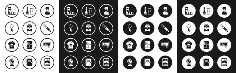 Set Nerd geek, Energy drink, Magnifying glass, Slippers with socks, Audio jack, Chess, Certificate template and T-shirt icon. Vector