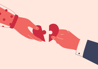 Female and male hands connect two parts of heart puzzle together. Young Couple in love . Family and sympathy concept for Valentine Day. Vector illustration - 682405978