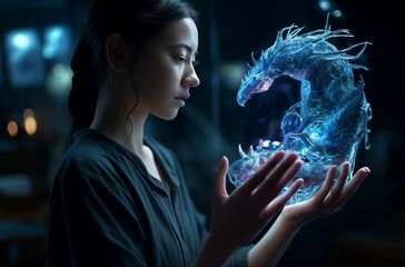 Woman meeting alien transparent blue organism. Lady holding celestial surreal creature. Generate ai