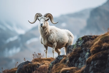 A large old dall sheep ram standing on a rocky ridge