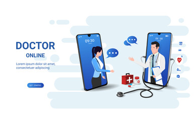 Telemedicine and medical consultation on smartphone app with doctor and patient. Online medical clinic, Doctor online, Ask a doctor, meeting doctor. Healthcare service concept. 3D vector illustration - obrazy, fototapety, plakaty
