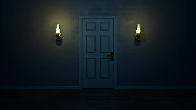 Monster behind bedroom door. Opening door with scary claws appearing from behind. 3d render.