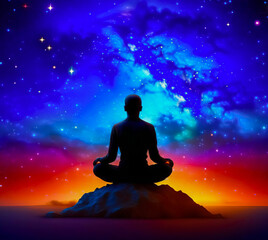Transcendental chakras, cosmic meditation, human silhouette. Concept of meditation, spirituality, enlightenment