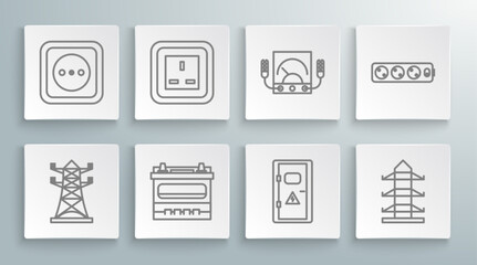Set line High voltage power pole line, Electrical outlet, Car battery, cabinet, Ampere meter, multimeter, voltmeter, extension cord and icon. Vector