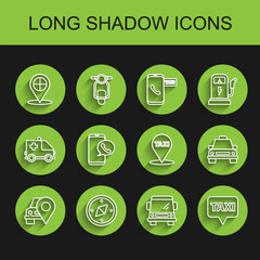 Set line Map pointer with taxi, Compass, Car, Taxi call telephone service, car and icon. Vector