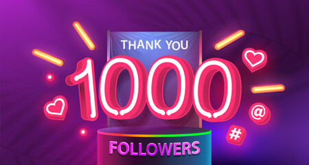 Thank you 1000 followers, peoples online social group, happy banner celebrate, Vector illustration - obrazy, fototapety, plakaty