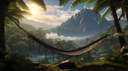 an AI scene of a tropical valley with a hammock strung between two towering palms, inviting relaxation