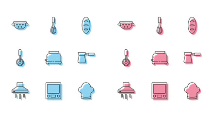 Set line Kitchen extractor fan, Electronic scales, colander, Chef hat, Toaster, Coffee turk, Pizza knife and whisk icon. Vector