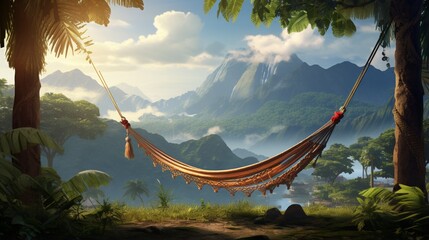 an AI scene of a tropical valley with a hammock strung between two towering palms, inviting relaxation - obrazy, fototapety, plakaty
