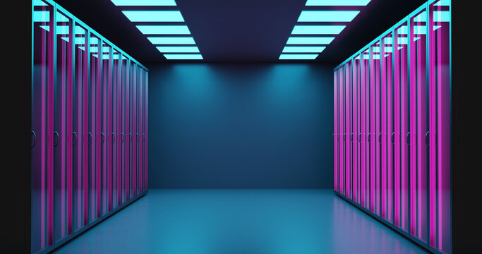 empty server cabinets in the room, organization of a new data center, preparation for the arrangement of a computing center with blue lights, 3d rendering