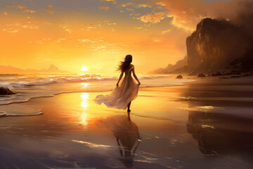 Fototapeta na wymiar Generative ai young beautiful woman on the beach at sunset walking along shore