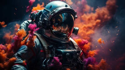 Astronaut in space suit with fire and smoke around him