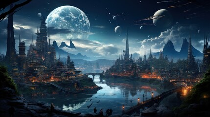 Fantasy Landscape with ancient pagodas and river at night - obrazy, fototapety, plakaty