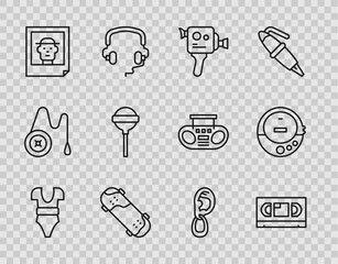 Set line Swimsuit, VHS video cassette tape, Retro cinema camera, Skateboard trick, Photo, Lollipop, Ear with earring and Music CD player icon. Vector