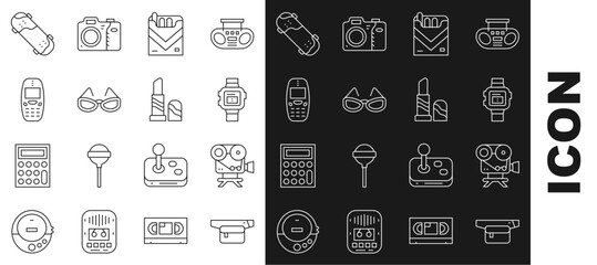 Set line Waist bag of banana, Retro cinema camera, Wrist watch, Cigarettes pack box, Glasses, Old mobile phone, Skateboard trick and Lipstick icon. Vector