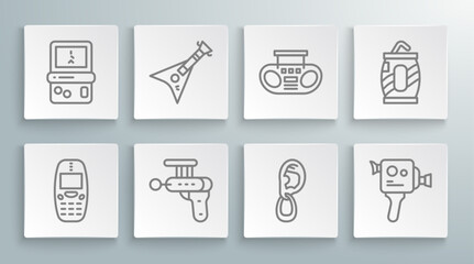 Set line Old mobile phone, Electric bass guitar, Ray gun, Ear with earring, Retro cinema camera, Home stereo two speakers, Soda can straw and Tetris icon. Vector