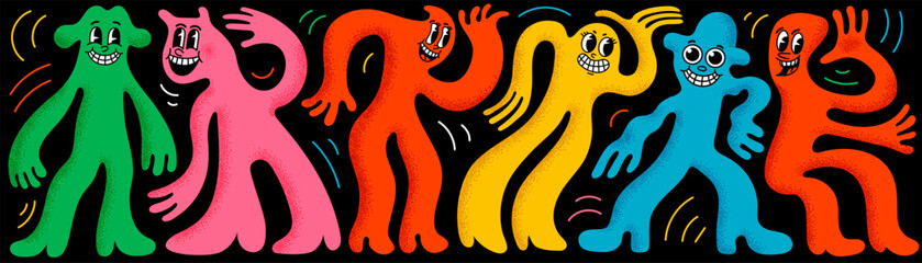 Cartoon abstract shaped dancing people. Groovy music party with colorful minimalist figures of dancing people. Ideal for character design, animation, stickers,