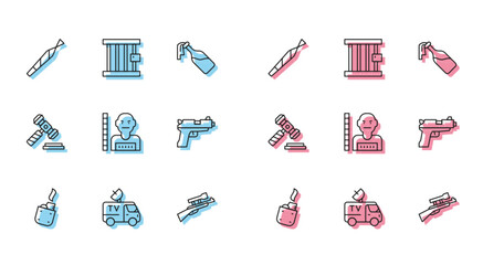 Set line Lighter, TV News car, Marijuana joint, Sniper rifle with scope, Suspect criminal, Pistol or gun, Judge gavel and Prison window icon. Vector