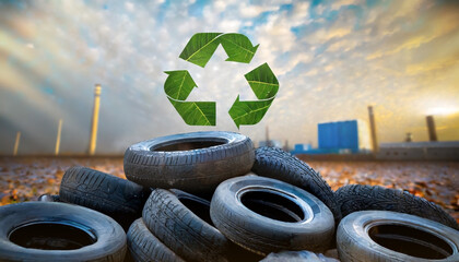 Old tires in a landfill, ready to be reused and recycled. Emphasizing the recycling symbol and commitment to the environment - obrazy, fototapety, plakaty