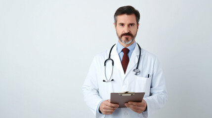 Professional doctor man in medical coat with clipboard in hands posing over light white wall background, middle aged physician with stethoscope looking at camera