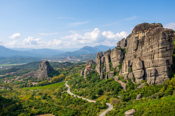 beautiful view  of the rock formation complex of Meteora in Kalambaka, Meteora, Thessaly, Greece, Europe. 