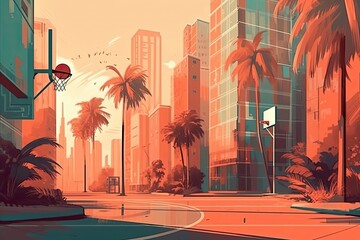 Obraz premium Miami Basketball Court Enveloped by Palm Trees and Skyscrapers Generative AI
