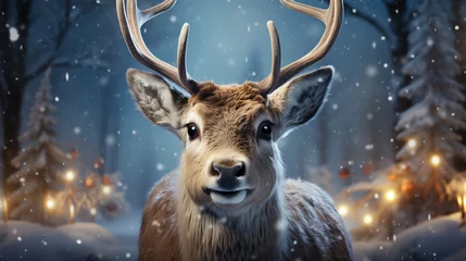 Poster Im Rahmen snowfall on reindeers in a forest digital art © alexkich