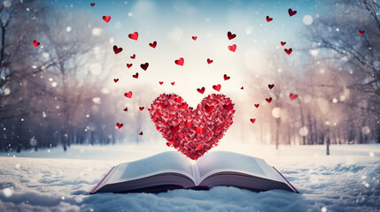 Opened book with red hearts.