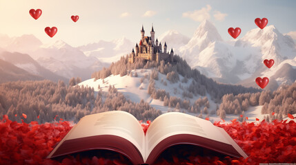 An open book with red hearts against the backdrop of a fairytale castle on top of a mountain.