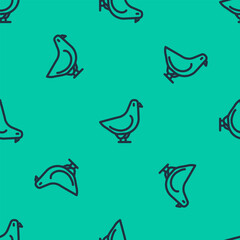 Blue line Dove icon isolated seamless pattern on green background. Vector