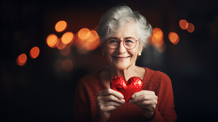 A happy elderly woman holds a red heart in her hands. - obrazy, fototapety, plakaty