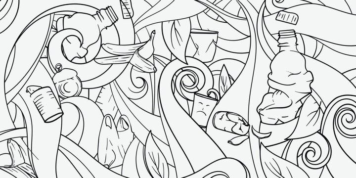 Garbage doodle art Background design in black and white for environmental campaign
