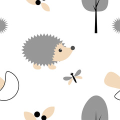 Pattern children's drawing hedgehog and mushroom