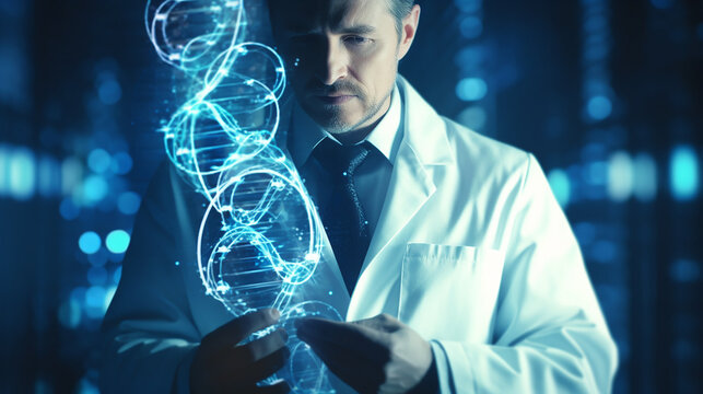 "Physician utilizing cutting-edge genetic tools to decode DNA sequences, exploring innovative ways to diagnose and treat medical conditions with precision."
