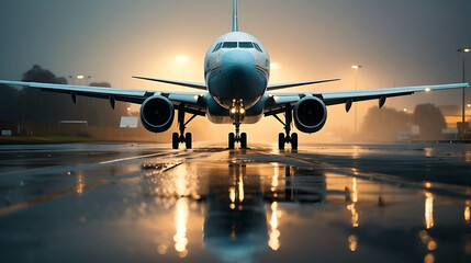 Vista frontal de un avion despegando 