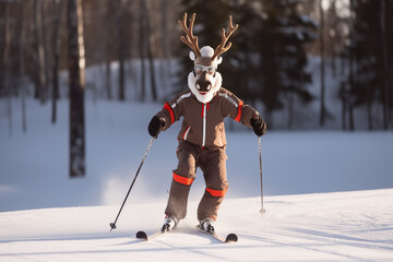 person in reindeer costume skiing in the snow
