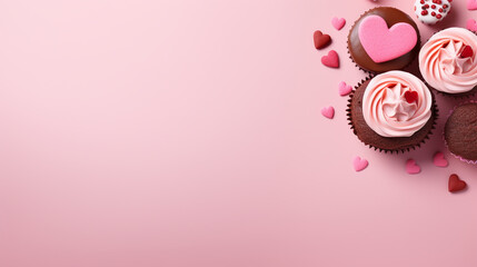Cupcakes decorated with sugar hearts for Valentine's Day on red background