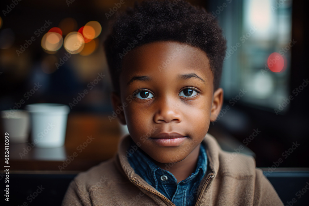 Sticker Generative AI portrait of young boy sitting modern interior cafe drinking baby beverage