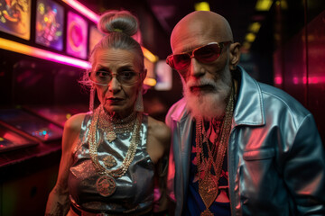 Fototapeta na wymiar Generative ai senior couple dressed in vibrant 90s fashion dancing energetically at disco