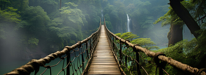 An old, long bridge high over a river, made with ropes and wood in a primary forest with fog