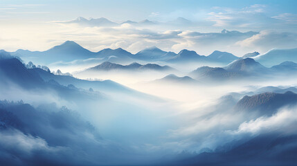 Fototapeta na wymiar clouds over the mountains landscape panorama mist misty view - by generative ai