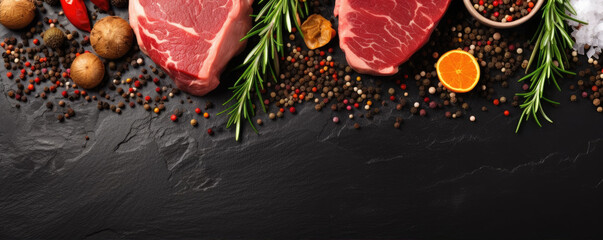 Raw fresh beef steak with seasonings ready to prepare. Black stone background. Free space for text. Banner photography. Top view. - obrazy, fototapety, plakaty